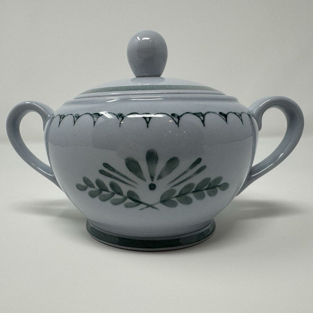 Arabia Finland Green Thistle Sugar Bowl and Lid Handpainted Vintage